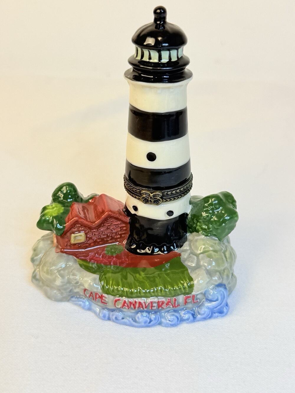 Cape Canaveral FL Lighthouse Hinged Porcelain Trinket Box Florida Souvenir